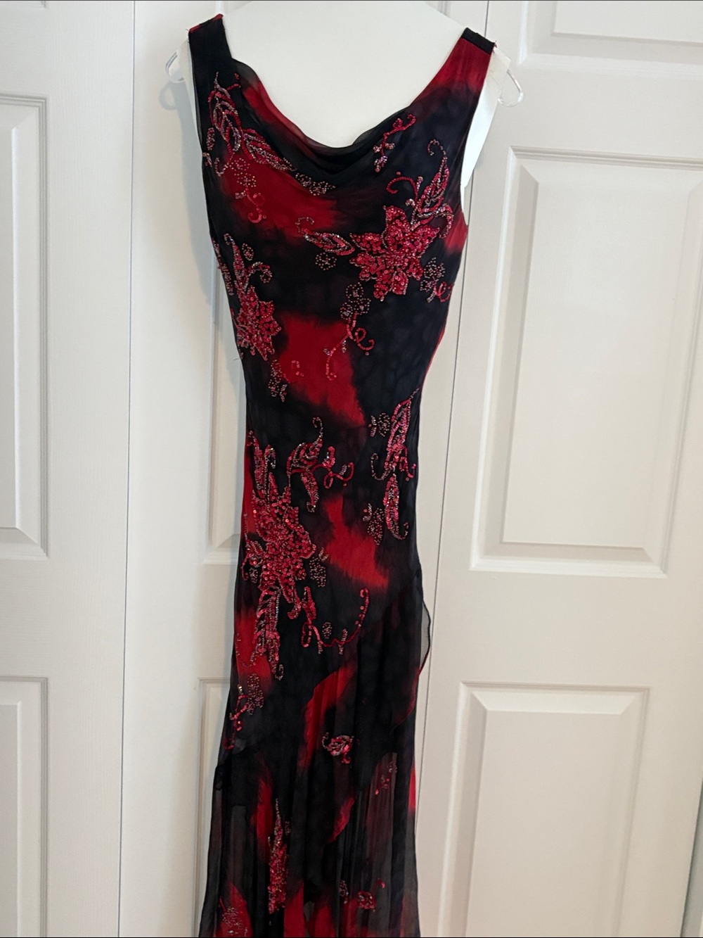Red and Black High-Low Evening Dress with Beaded Floral Accents